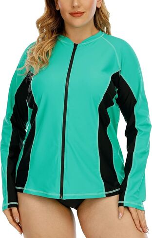 Halcurt Women's Plus Size Long Sleeve Rash Guard Shirts Full Zip Swim Top UPF50+ Loose Fit Quick Dry Swimsuit in Kuwait