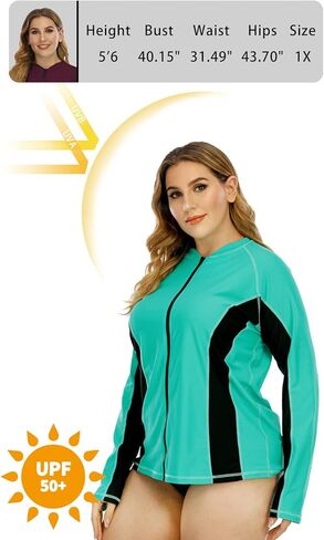 Halcurt Women's Plus Size Long Sleeve Rash Guard Shirts Full Zip Swim Top UPF50+ Loose Fit Quick Dry Swimsuit in Kuwait