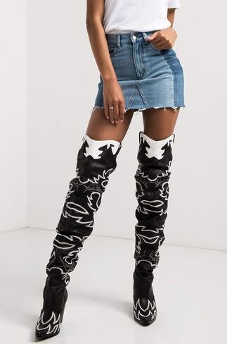 Cape Robbin Kelsey-21 BLACK WHITE ROCK STAR WESTERN POINTED OVER KNEE THIGH BOOT in Saudi Arabia
