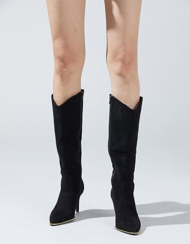 Arromic Women's Pointed Toe Knee High Boots 3.15" Stiletto Heel Sexy Boots Black Suede Knee High Boots for Women in Kuwait