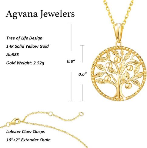AGVANA 14K Solid Real Gold Tree of Life Necklace for Women Dainty Pendant Necklace Fine Jewelry Anniversary Birthday Gifts for Women Girls Mom Wife Girlfriend Her Yourself, 16"+2" in Saudi Arabia