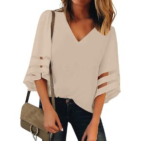 Utyful Dressy Tops for Women Women's Summer Casual V Neck Mesh Panel 3/4 Bell Sleeve Loose Blouse Top