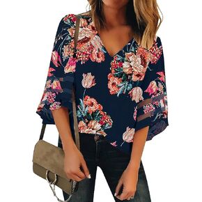 Utyful Dressy Tops for Women Women's Summer Casual V Neck Mesh Panel 3/4 Bell Sleeve Loose Blouse Top in Kuwait