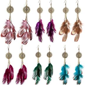 6 Pairs Women Faux Feather Earrings Dream Catcher Earring Bohemian Fringe Tassel Long Drop Dangle Earrings Set with Design for Women