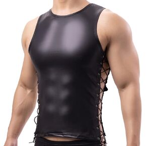 YOOBNG Men's Faux Leather Vest Tank Top Shirt Sleeveless Shirt Wet Look Undershirt Round Neck Shirt Nightwear