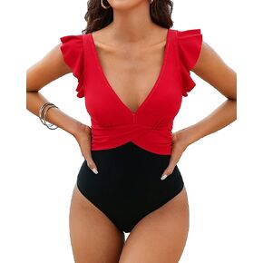 Charmo Ruffle Sleeve V Neck One Piece Swimsuit Women Color Block Tummy Control Ruched 1 Piece Bathing Suit in Saudi Arabia