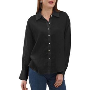 Amazhiyu Womens Pure Linen Button Down Shirt Long Sleeve Business Causal Collared Blouse