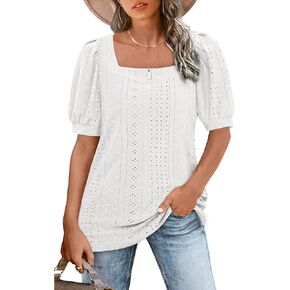 Womens Summer Tops 2023 Square Neck Short Sleeve Tunic Tops Eyelet T-Shirts S-2XL