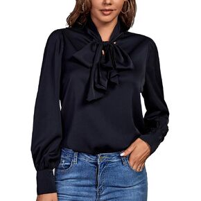 OPOIPIN Women's Causal Bow Tie Neck Button Cuff Long Sleeve Work Blouse Shirt Top