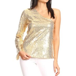 Anna-Kaci Women's Long Sleeve One Shoulder Sequin Party Top Blouse Sparkly Shirts in Saudi Arabia
