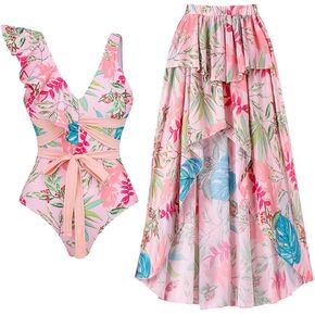 IDOPIP Women's One Piece Swimsuit with Beach Cover up Wrap Skirt Sarong Retro Floral Print Bikini Set Two Piece Bathing Suit