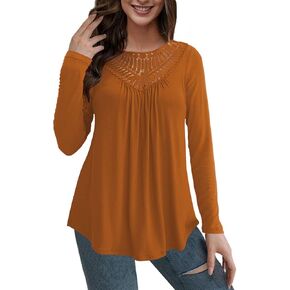 AAMILIFE المرأة حجم كبير تي شيرت قمصان طويلة الأكمام الدانتيل مطوي سترة بلايز كاجوال البلوزات M-4XL in Kuwait