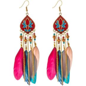 MALOYANVE Punk Vintage Long Tassel Feather Earrings for Women Girls Bohemian Handmade Natural Pendant Earring Fish Hook Earrings Vintage Boho Multicolor Tassel Feathers Dangle Drop Earrings Jewelry in Saudi Arabia