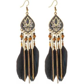 MALOYANVE Punk Vintage Long Tassel Feather Earrings for Women Girls Bohemian Handmade Natural Pendant Earring Fish Hook Earrings Vintage Boho Multicolor Tassel Feathers Dangle Drop Earrings Jewelry in Kuwait