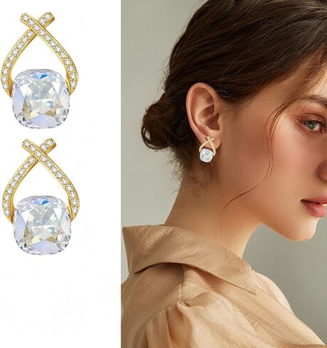 YONVUN Austrian Crystal Drop Dangle Earrings | Plated 18K/Rose Gold Zircon Gemstone Birthstone Hanging Dangly Stud Earrings Jewelry Gift for Wife Mom Daughter Girlfriend in Kuwait