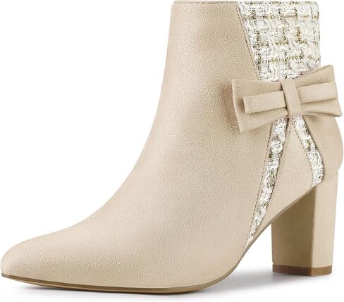 Allegra K Women's Tweed Plaid Heels Boot Bow Block Heels Ankle Boots in Kuwait