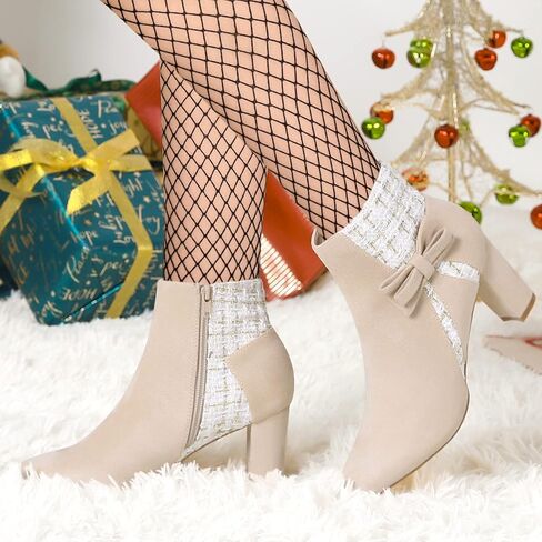 Allegra K Women's Tweed Plaid Heels Boot Bow Block Heels Ankle Boots in Kuwait