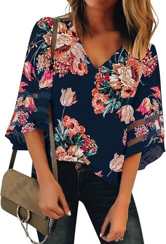 Utyful Dressy Tops for Women Women's Summer Casual V Neck Mesh Panel 3/4 Bell Sleeve Loose Blouse Top in Kuwait