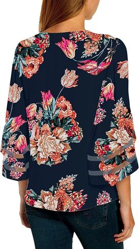 Utyful Dressy Tops for Women Women's Summer Casual V Neck Mesh Panel 3/4 Bell Sleeve Loose Blouse Top in Kuwait