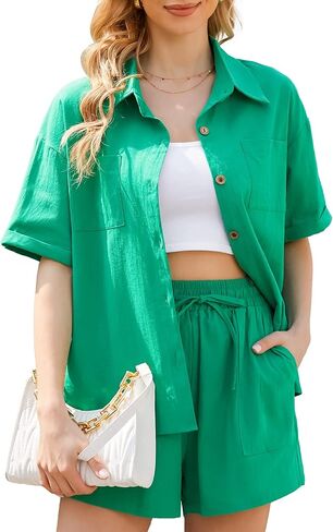 ملابس Dulayoo قطن 100% مكونة من قطعتين للنساء قمصان صيفية من الكتان ومجموعة سراويل قصيرة برباط أطقم ملابس رياضية غير رسمية للاستراحة in Kuwait