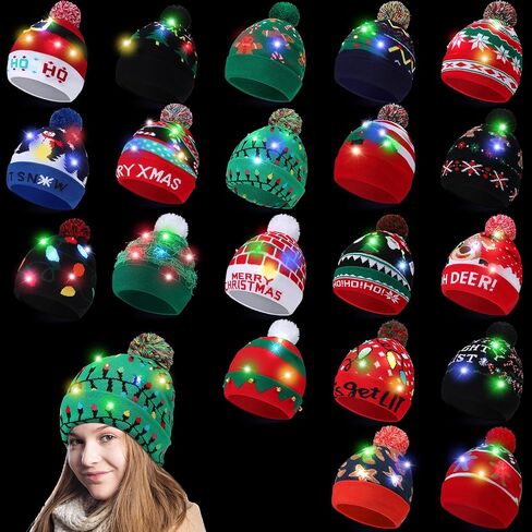 Liitrsh 20 Pcs Light up Christmas Hats LED Christmas Beanie, Xmas Sweater Beanie 20 Styles, Flashing Winter Knitted Cap Christmas Gifts Holiday Party Favors for Adults Kids in Saudi Arabia