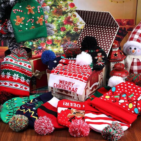 Liitrsh 20 Pcs Light up Christmas Hats LED Christmas Beanie, Xmas Sweater Beanie 20 Styles, Flashing Winter Knitted Cap Christmas Gifts Holiday Party Favors for Adults Kids in Saudi Arabia