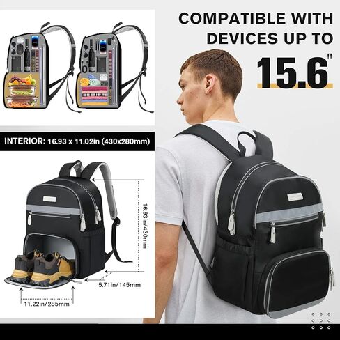 دادانيزم شنطة ظهر للاب توب مقاس 15.6 انش، شنطة ظهر للسفر مع جيب للاحذية مضادة للسرقة ومقاومة للماء، شنطة ظهر للرجال والنساء، شنطة كمبيوتر للكلية والمشي لمسافات طويلة، اسود/رمادي، اسود ورمادي, in Kuwait