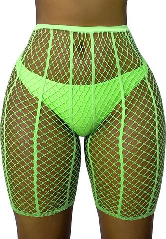 Lunedear المرأة مثير مخطط شبكة صيد السمك السائق السراويل شبكة ملابس السباحة التستر السراويل شير نادي ليلة خارج طماق قصيرة النيون in Kuwait