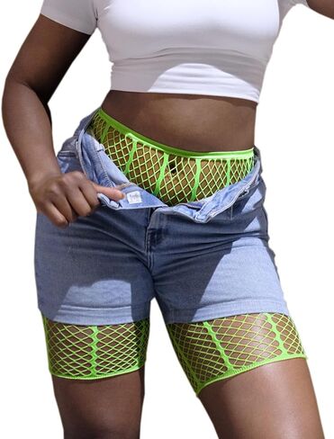 Lunedear المرأة مثير مخطط شبكة صيد السمك السائق السراويل شبكة ملابس السباحة التستر السراويل شير نادي ليلة خارج طماق قصيرة النيون in Kuwait