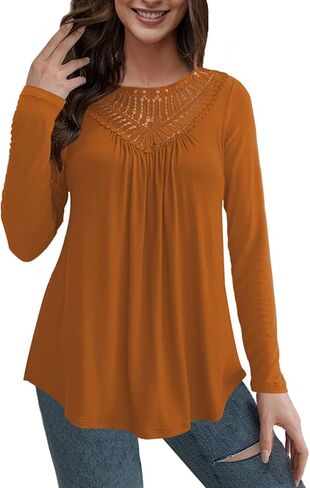 AAMILIFE المرأة حجم كبير تي شيرت قمصان طويلة الأكمام الدانتيل مطوي سترة بلايز كاجوال البلوزات M-4XL in Kuwait