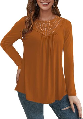 AAMILIFE المرأة حجم كبير تي شيرت قمصان طويلة الأكمام الدانتيل مطوي سترة بلايز كاجوال البلوزات M-4XL in Kuwait