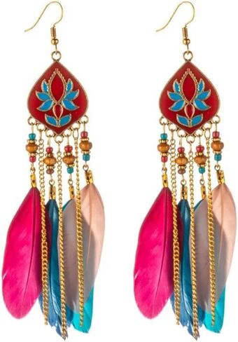 MALOYANVE Punk Vintage Long Tassel Feather Earrings for Women Girls Bohemian Handmade Natural Pendant Earring Fish Hook Earrings Vintage Boho Multicolor Tassel Feathers Dangle Drop Earrings Jewelry in Saudi Arabia