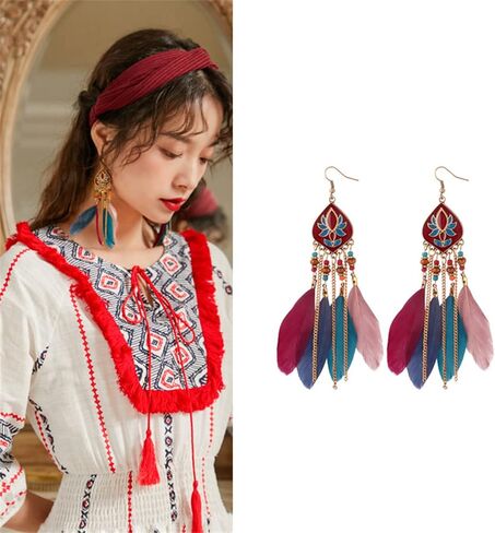 MALOYANVE Punk Vintage Long Tassel Feather Earrings for Women Girls Bohemian Handmade Natural Pendant Earring Fish Hook Earrings Vintage Boho Multicolor Tassel Feathers Dangle Drop Earrings Jewelry in Saudi Arabia