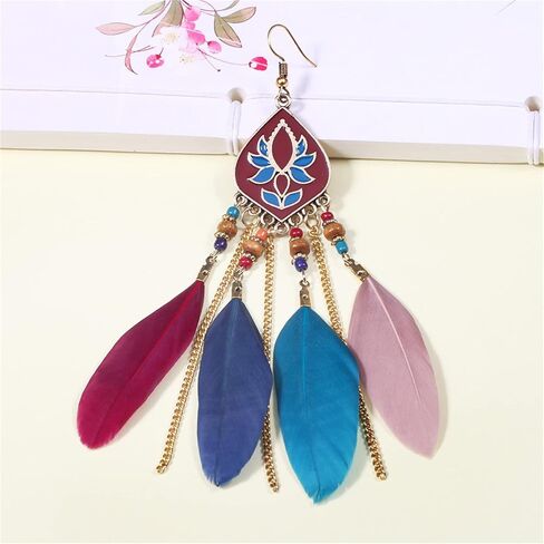 MALOYANVE Punk Vintage Long Tassel Feather Earrings for Women Girls Bohemian Handmade Natural Pendant Earring Fish Hook Earrings Vintage Boho Multicolor Tassel Feathers Dangle Drop Earrings Jewelry in Saudi Arabia
