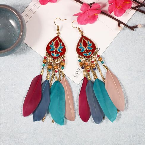 MALOYANVE Punk Vintage Long Tassel Feather Earrings for Women Girls Bohemian Handmade Natural Pendant Earring Fish Hook Earrings Vintage Boho Multicolor Tassel Feathers Dangle Drop Earrings Jewelry in Saudi Arabia