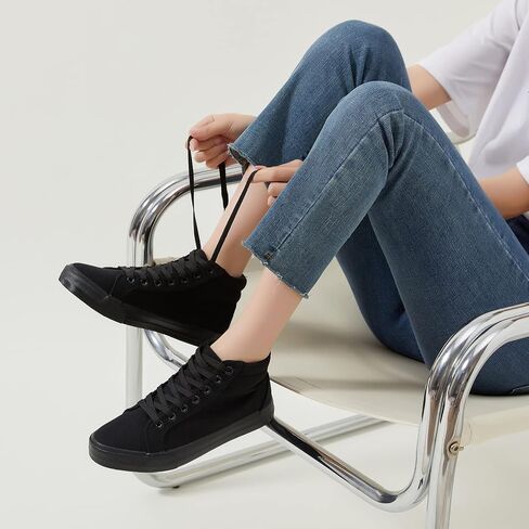 XRH Women Black Canvas High Tops Sneaker for Walking,White Non Slip Hi Top Lace up Shoes,Casual Fashion Mid Top Sneaker(Comfortable,Breathable,Trendy) in Kuwait
