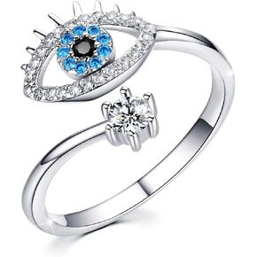 JUSTKIDSTOY Evil Eye Ring S925 Sterling Silver Mom Gifts Silver/Rose Gold Adjustable Wrap Open Rings Jewelry for Women.
