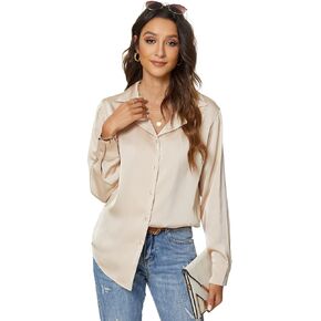 Riatobe Womens Long Sleeve Satin Silk Button Down Shirts Formal Work Office Casual Blouse Top in Kuwait