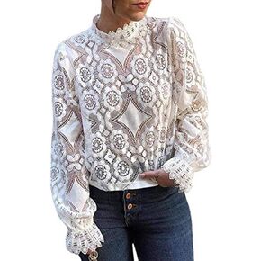 FENGQIYUNHAI Womens Dressy Casual Long Sleeve Lace Tops, Sheer Mock Neck Business Casual Tops,Going Out Tops for Girls