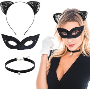 عصابة رأس على شكل قطة مع قناع قطة، قلادة عنق سوداء، إكسسوار للحفلات التنكرية بطابع الهالوين اللامع للفتيات والنساء in Kuwait