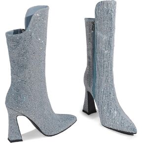 BECKNAD حذاء طويل للركبة نسائي من حجر الراين حذاء عريض للساق للنساء بمقدمة مدببة وكعب مكتنز 10.5 سم حذاء لامع للنساء in Kuwait