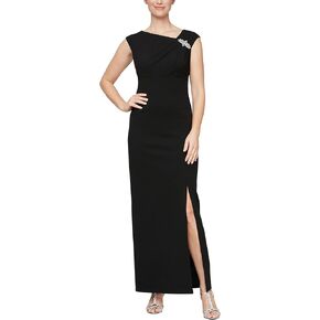 S.L. Fashions Women's Long Sleeveless Column Dress with Shoulder Detail and Front Slit (Petite and Regular Sizes)