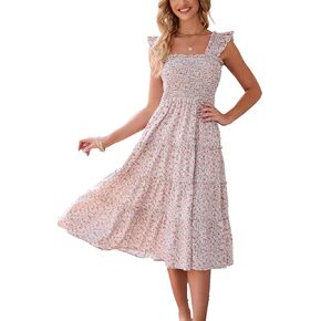 BTFBM Womens Summer Boho Smocked Beach Dresses Sleeveless Shoulder Strap Floral Flowy Tiered Party Midi Casual Sundress