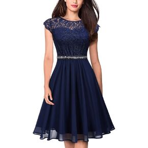 MISSMAY Women's Elegant Floral Lace Beaded A-Line Formal Party Dress