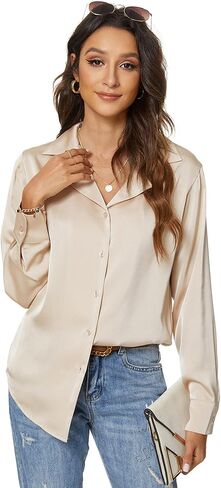 Riatobe Womens Long Sleeve Satin Silk Button Down Shirts Formal Work Office Casual Blouse Top in Kuwait