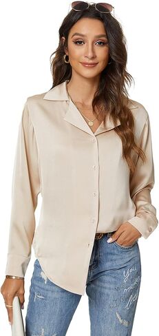 Riatobe Womens Long Sleeve Satin Silk Button Down Shirts Formal Work Office Casual Blouse Top in Kuwait