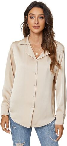 Riatobe Womens Long Sleeve Satin Silk Button Down Shirts Formal Work Office Casual Blouse Top in Kuwait
