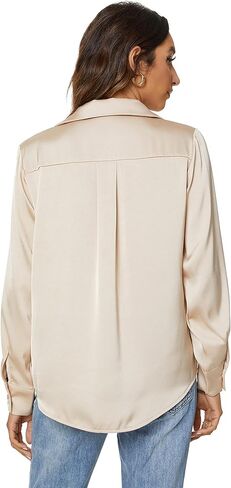 Riatobe Womens Long Sleeve Satin Silk Button Down Shirts Formal Work Office Casual Blouse Top in Kuwait