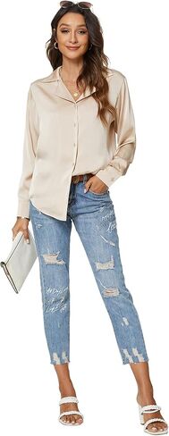 Riatobe Womens Long Sleeve Satin Silk Button Down Shirts Formal Work Office Casual Blouse Top in Kuwait