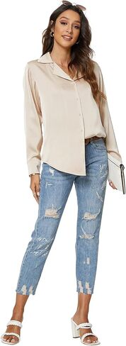 Riatobe Womens Long Sleeve Satin Silk Button Down Shirts Formal Work Office Casual Blouse Top in Kuwait